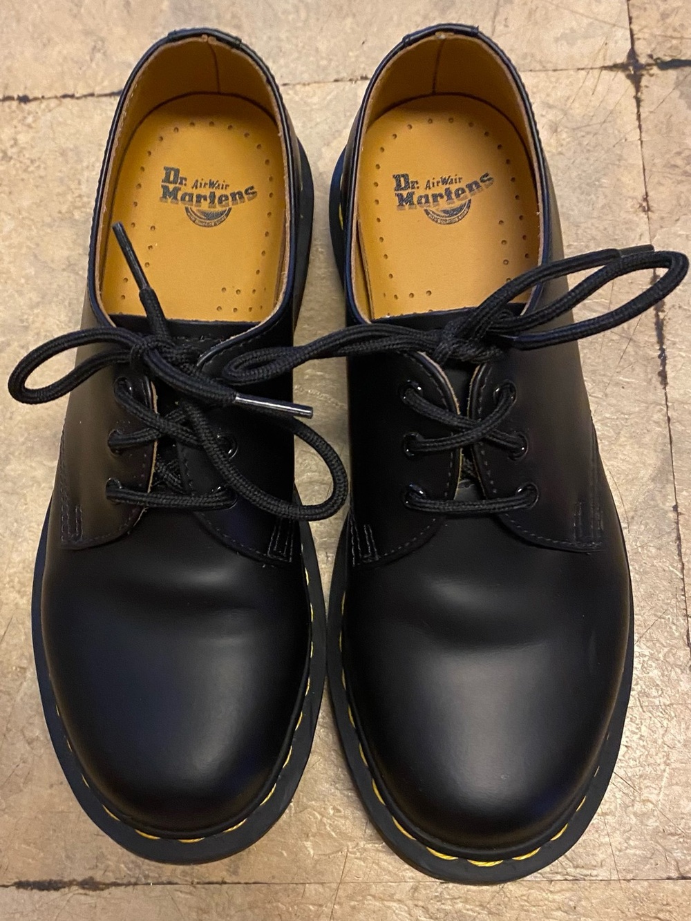 Dr. Martens Black 3-Eye Leather Derby Shoes with Yellow Stitching